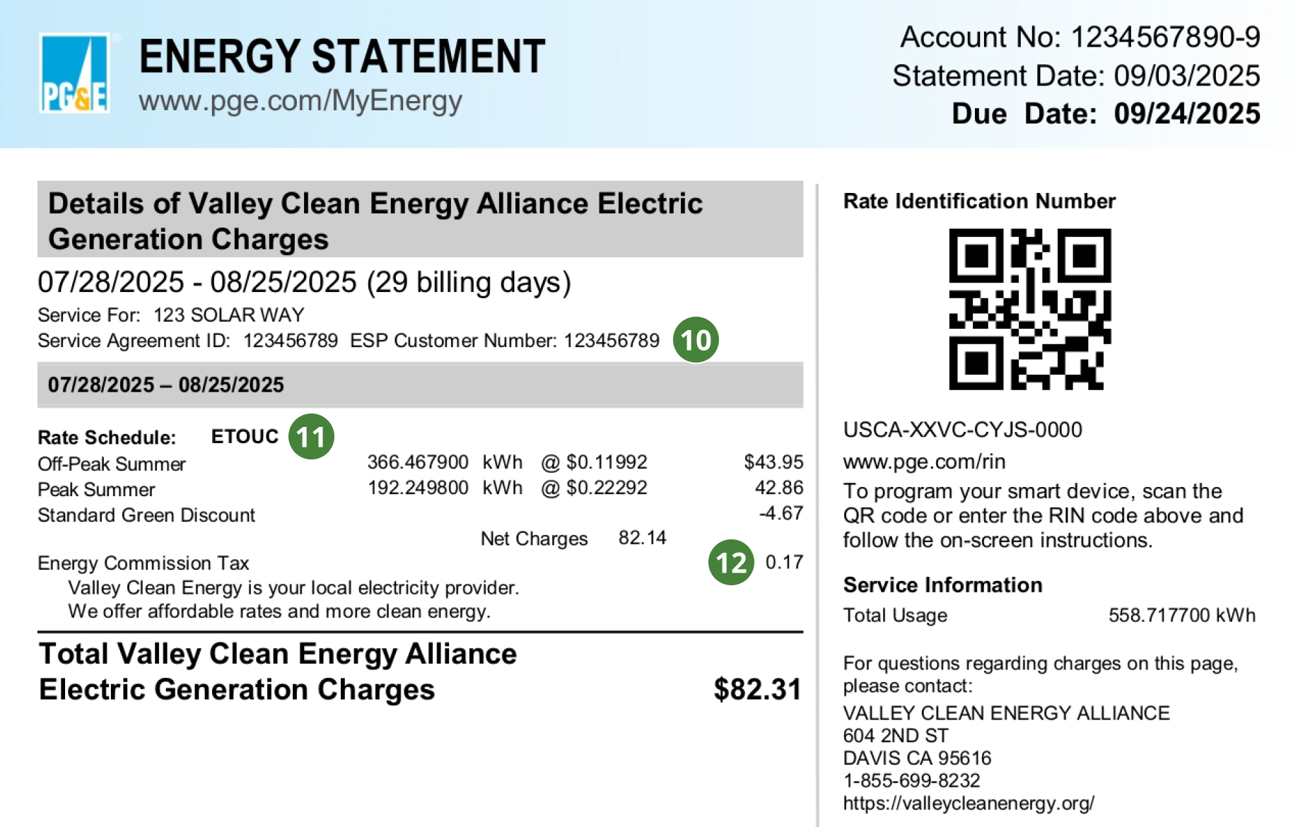 Energy bill showing electric service dates, amounts, usage detail, rate, payment due date, total charge, and a QR code for more information.