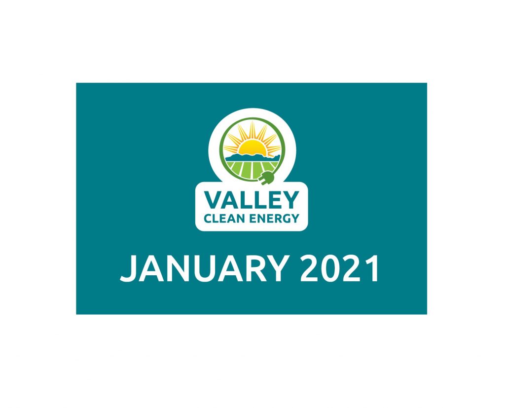Valley Clean Energy logo with sun and leaves above the text JANUARY 2021 on a teal background.