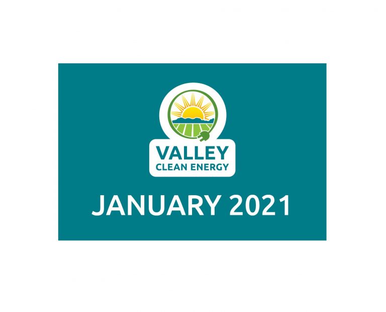 Valley Clean Energy logo with sun and leaves above the text JANUARY 2021 on a teal background.