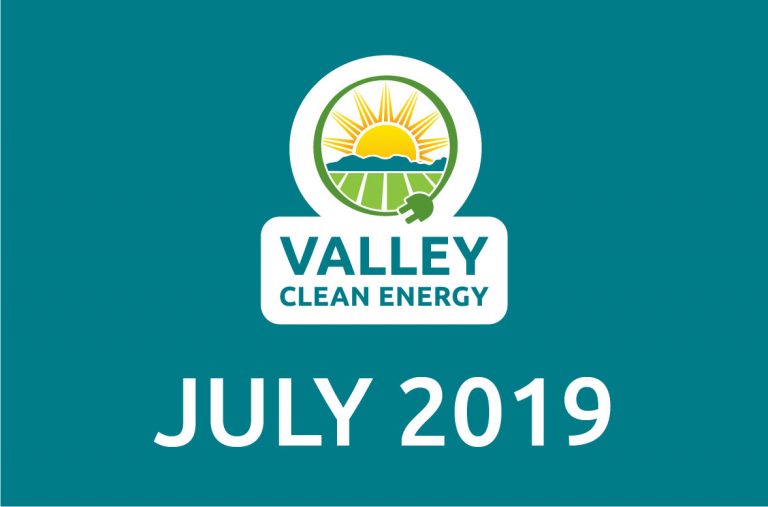 Valley Clean Energy logo above the text JULY 2019 on a teal background.