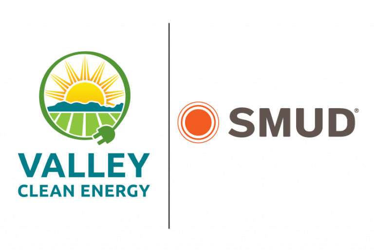Valley Clean Energy and SMUD logos side by side, separated by a vertical line on a white background.