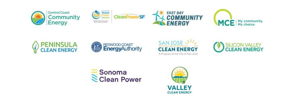 Logos of ten community clean energy providers in California are arranged in rows on a white background.