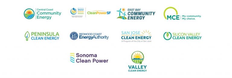 Logos of ten community clean energy providers in California are arranged in rows on a white background.