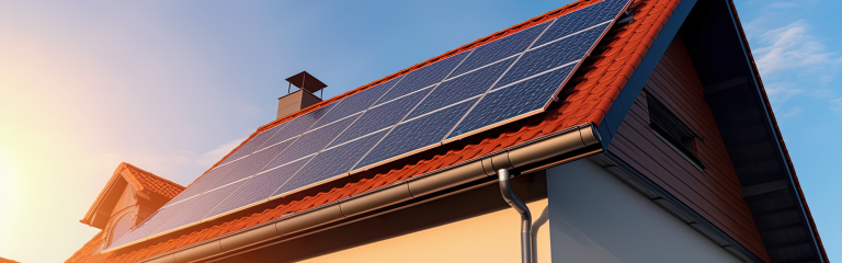 Solar panels installed on a red-tiled roof of a modern house with sunlight shining on the panels.