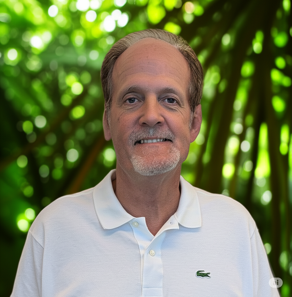 Middle-aged man with short hair and a goatee, wearing a white polo shirt, standing outdoors with leafy greenery in the background.