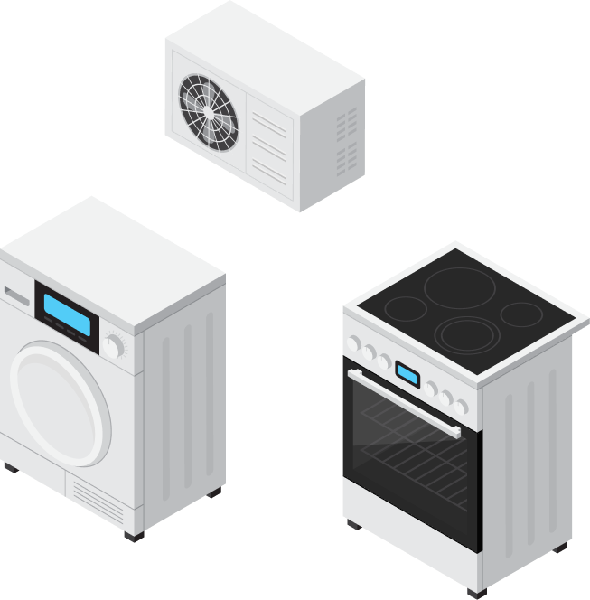 Illustration of a washing machine, an air conditioning unit, and an electric stove on a white background.