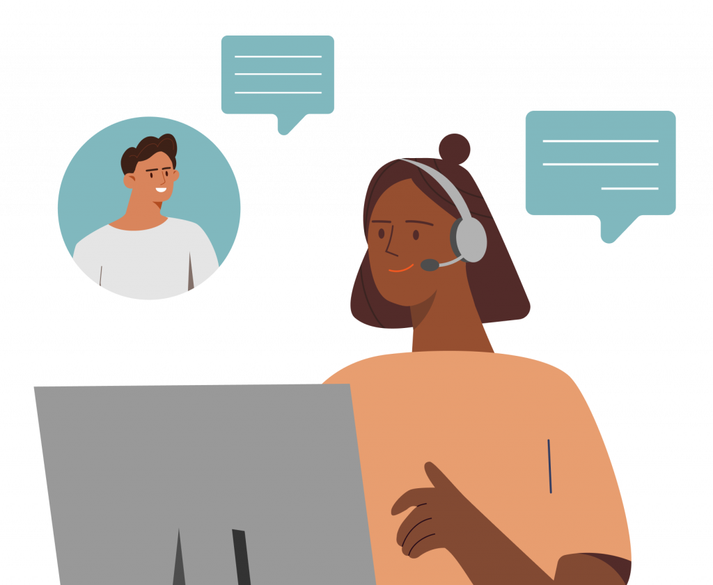 Illustration of a woman wearing a headset at a computer, chatting with a man shown in a speech bubble.