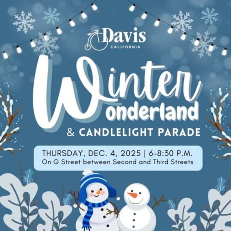 Winter Wonderland & Candlelight Parade event poster with snowflakes, snowmen, and event details for December 4, 2025, in Davis, California.