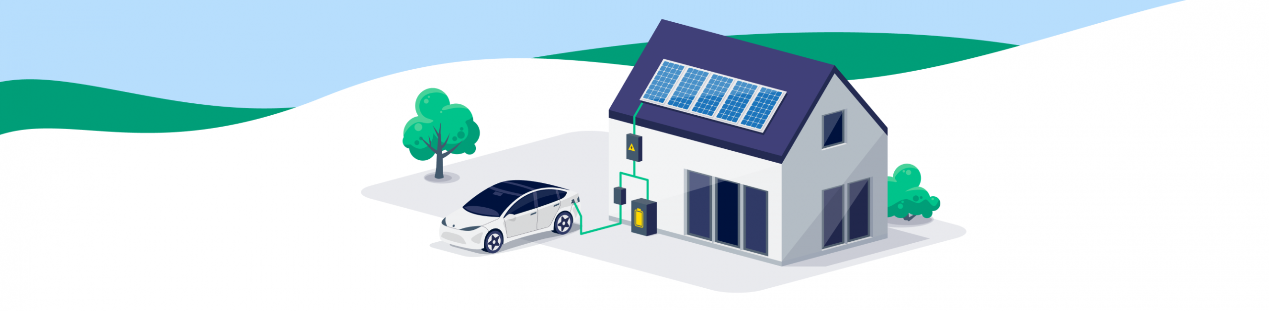 Illustration of a house with solar panels, an electric car charging in the driveway, and trees in the background.