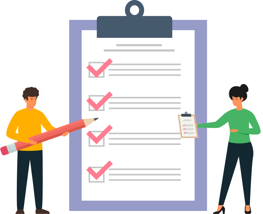 Two people stand by a large checklist with checkmarks; one holds a pencil, the other holds a small clipboard.