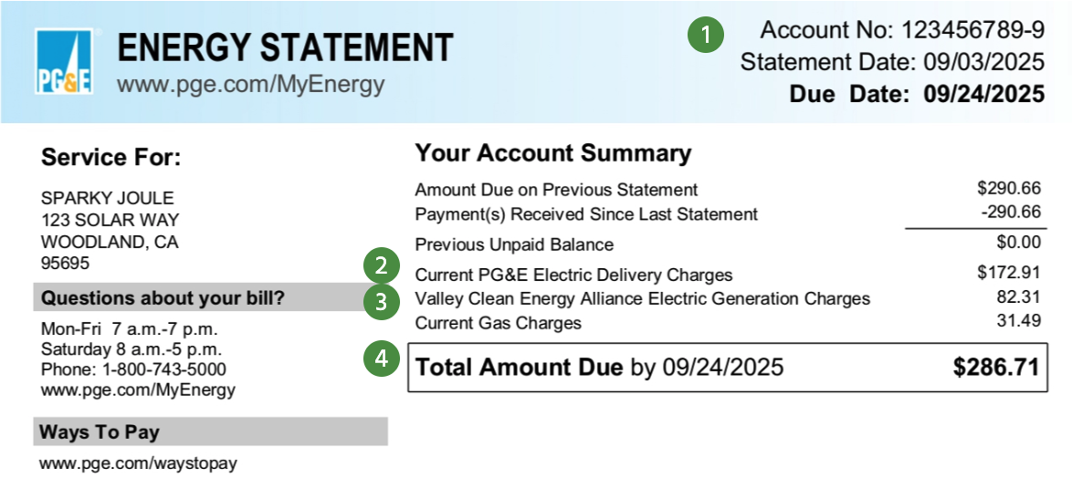 Sample energy bill: page 1
