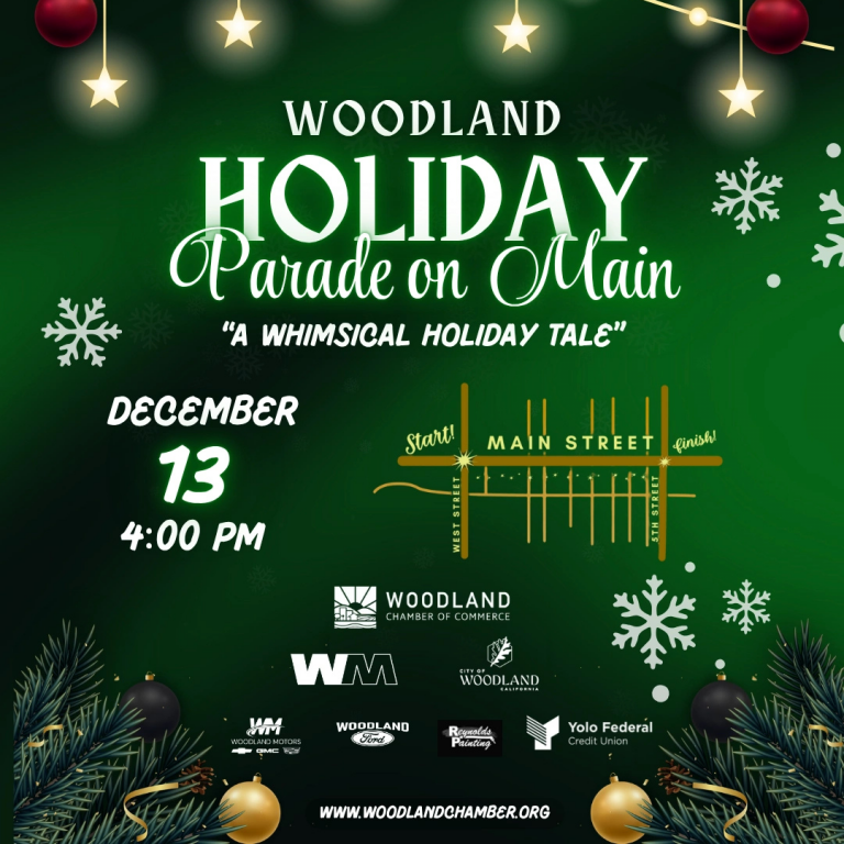 Green holiday-themed flyer for Woodland Holiday Parade on Main, December 13 at 4 PM, featuring snowflakes, ornaments, and event details.